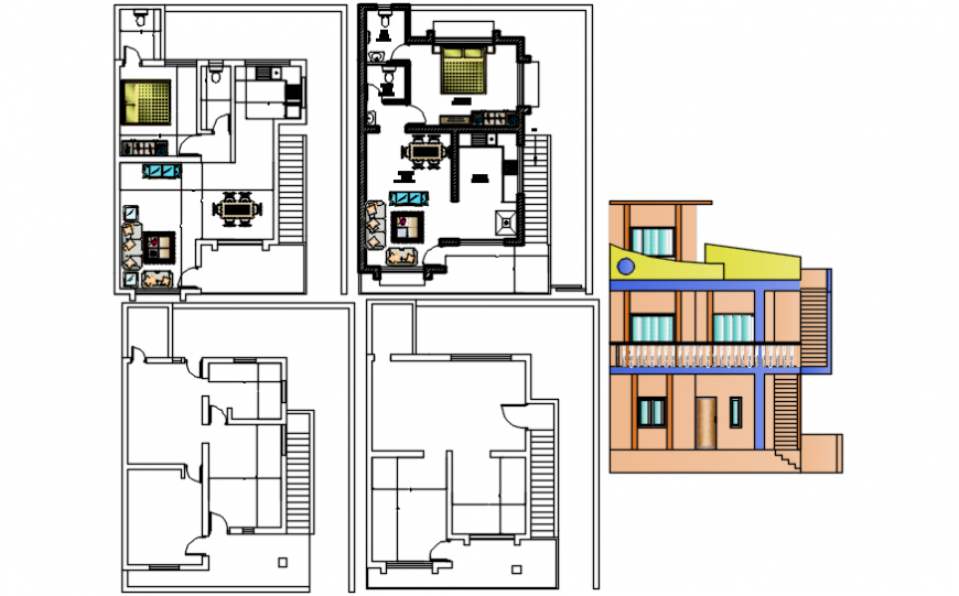 Side elevation of a house design model and layout plan