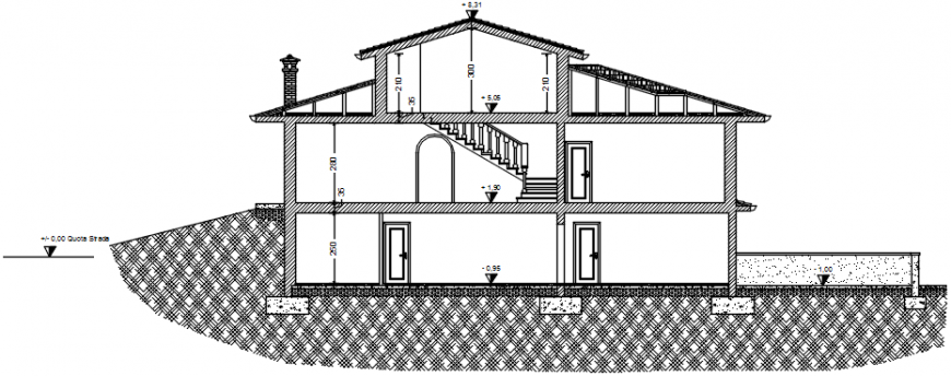 Side elevation of a villa details dwg file