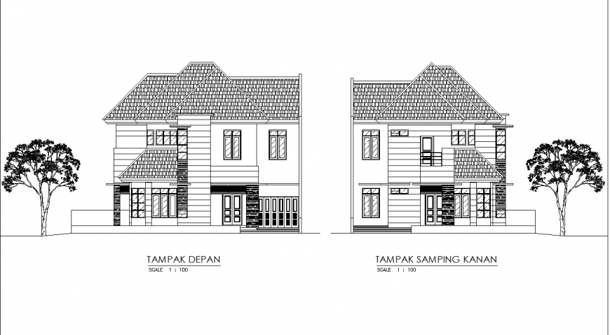 Side elevation of bungalow in dwg file.