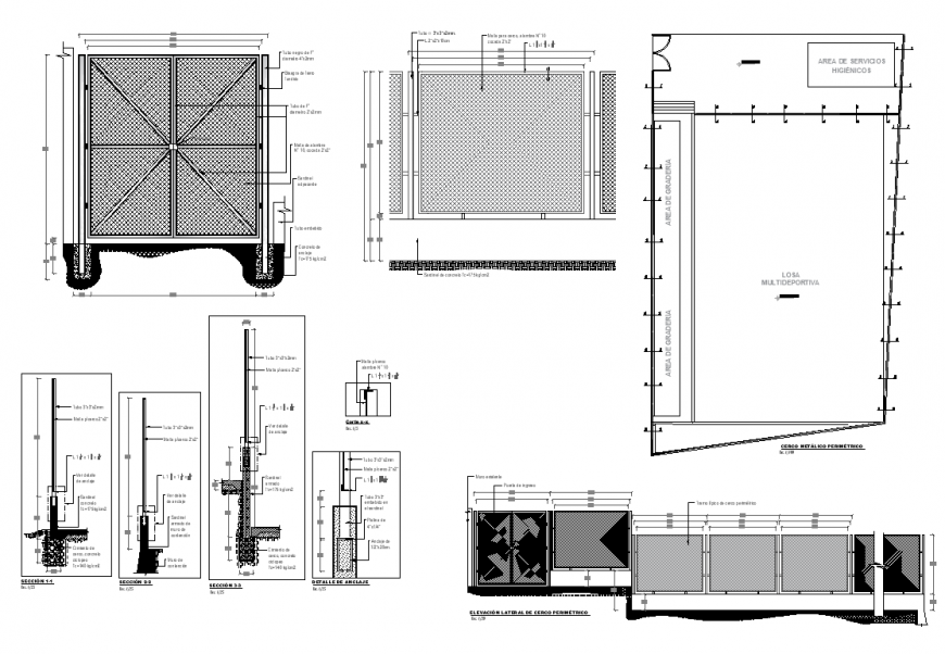 Side elevation of perimeter fence with structural design dwg file