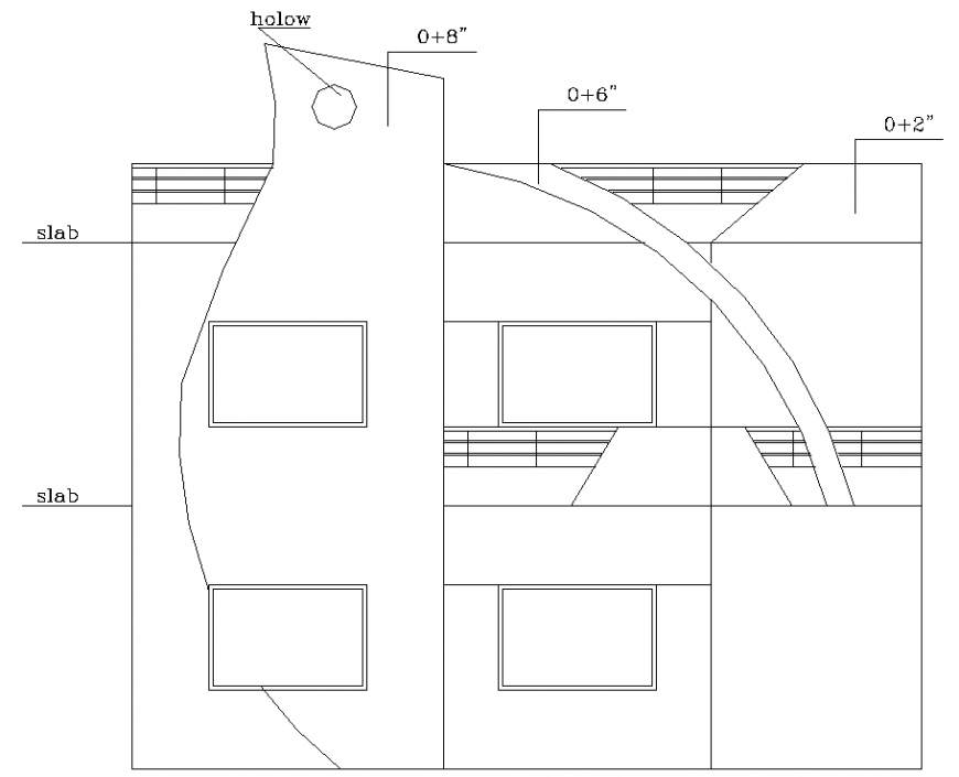 Side elevation of the bungalow drawing in dwg AutoCAD file.