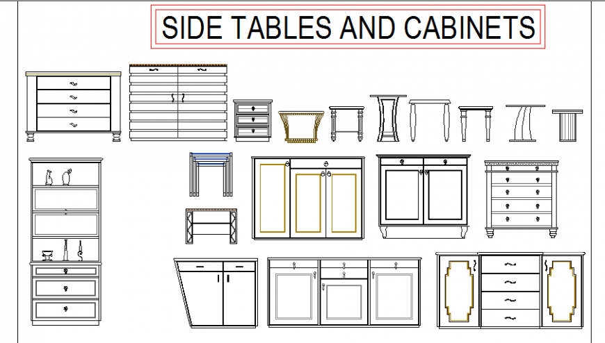 Side tables and cabinets drawing room furniture blocks cad drawing details dwg file