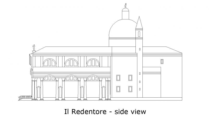 Side view of designer church with architecture view dwg file