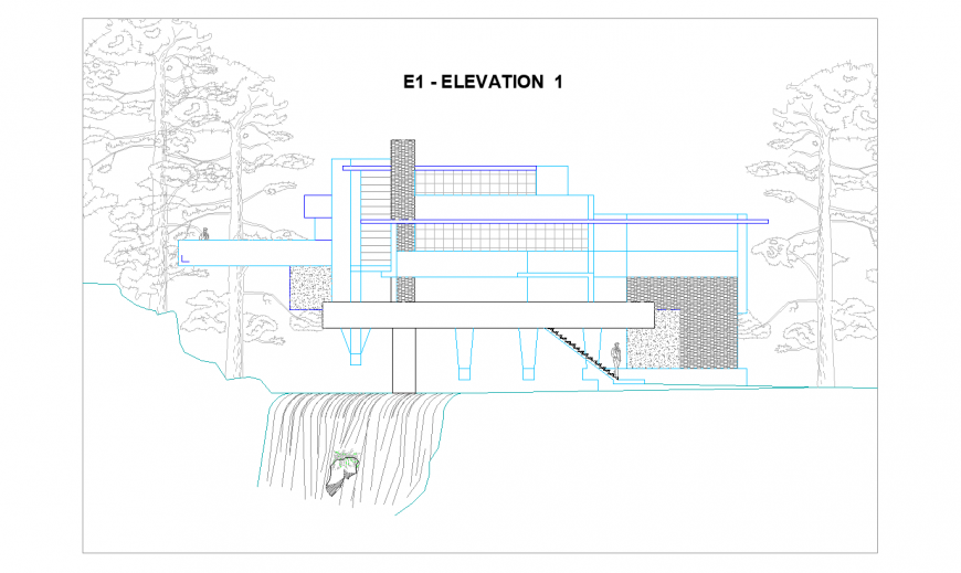 Side view of house design with tree view dwg file