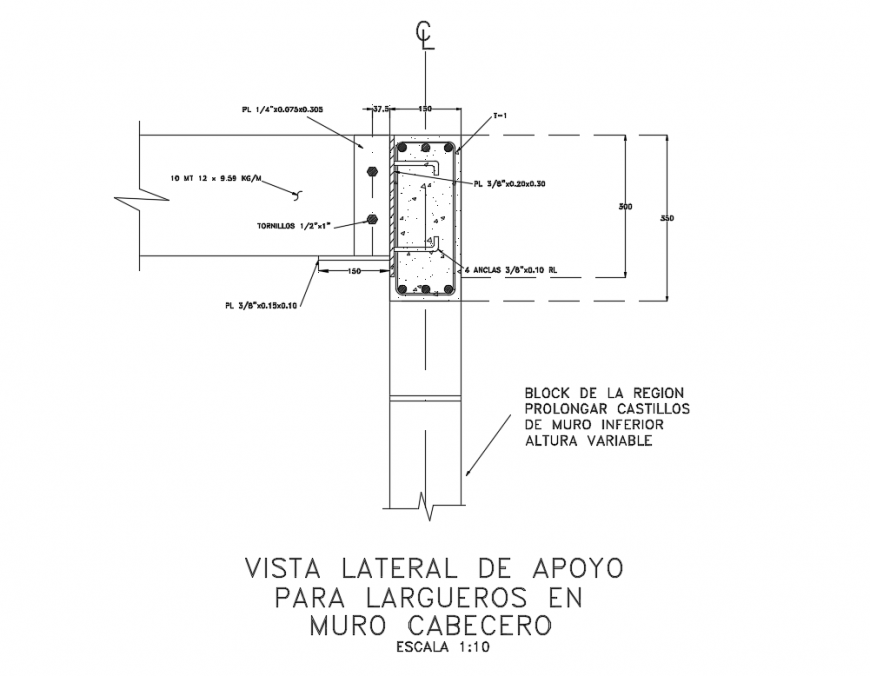 Side view of support for rods in wall constructive details dwg file