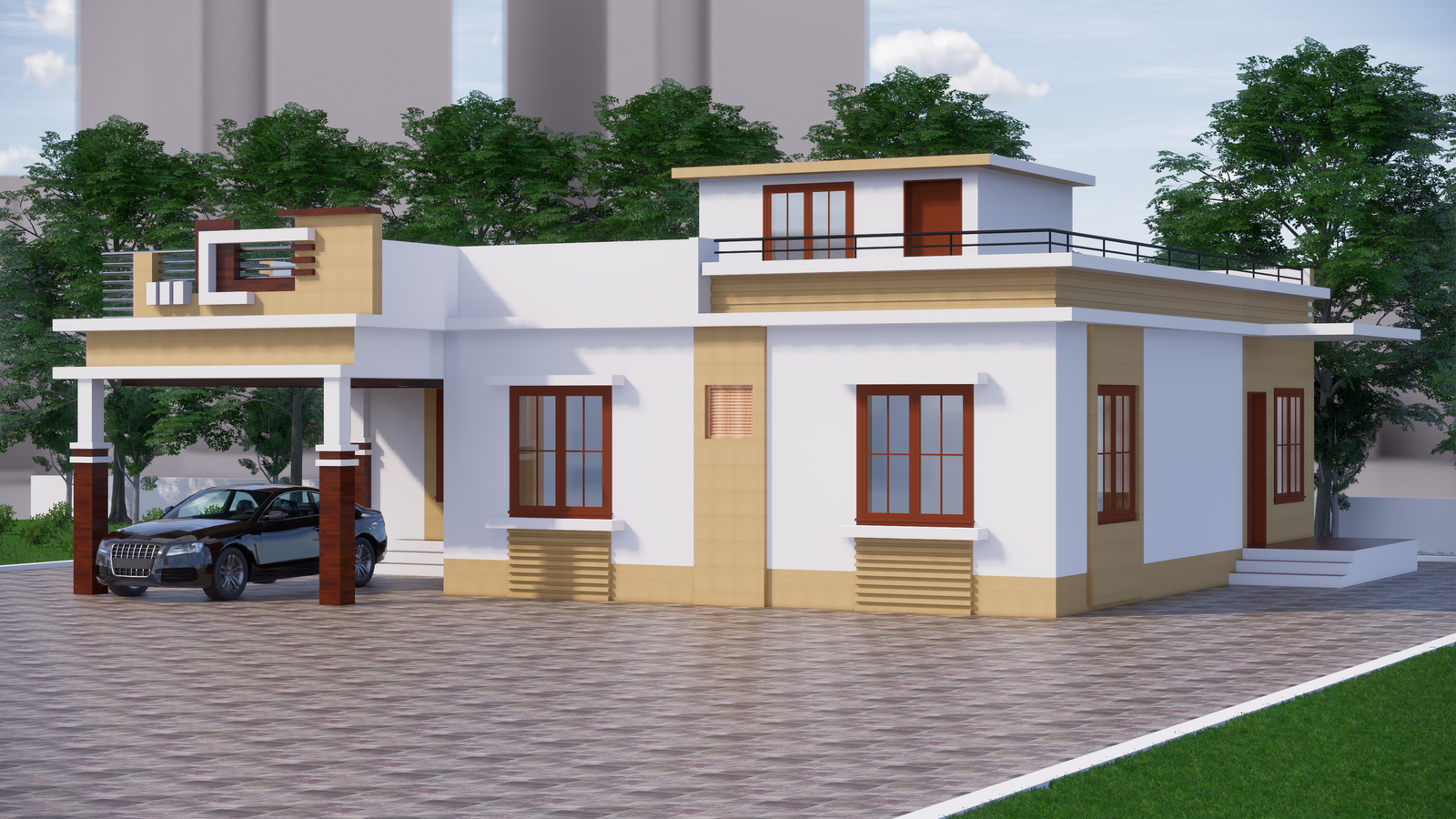 simple Bungalow 3d Revit elevation drawing design .Download Now for free.