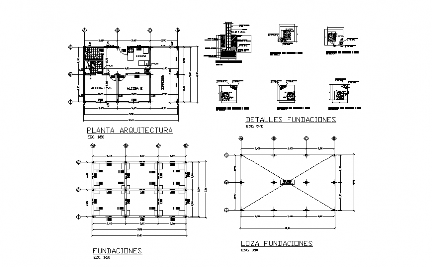 Simple country house foundation plan and section detail dwg file