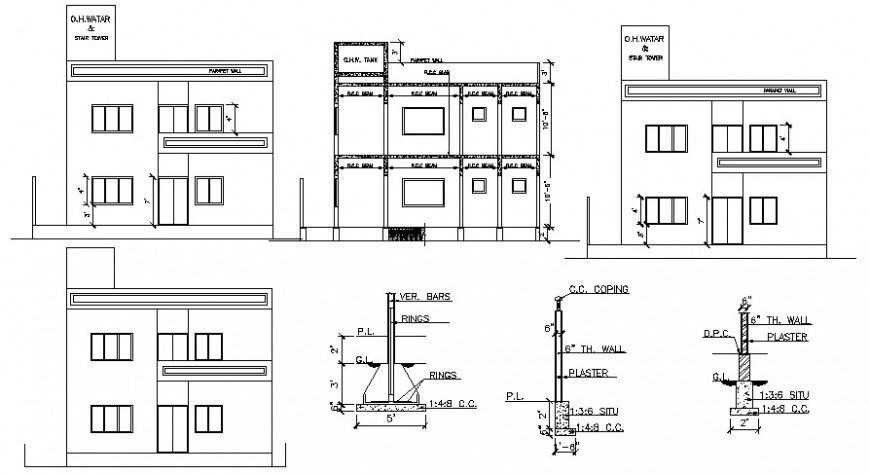 Simple house all sided elevations and structure drawing details dwg file