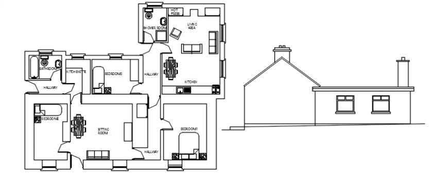 Simple house main elevation and plan drawing details dwg file