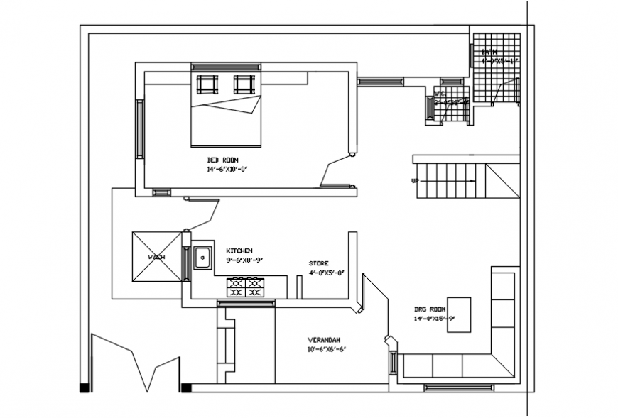 Simple house with one bedroom layout plan cad drawing details dwg file