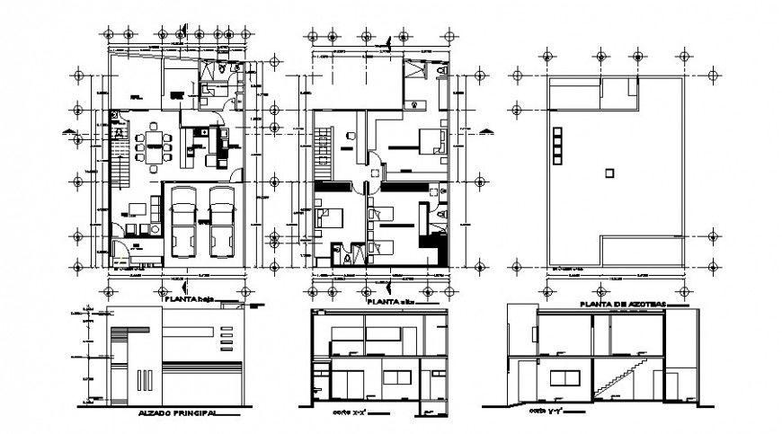 Simple one family house elevation, section and floor plan drawing details dwg file