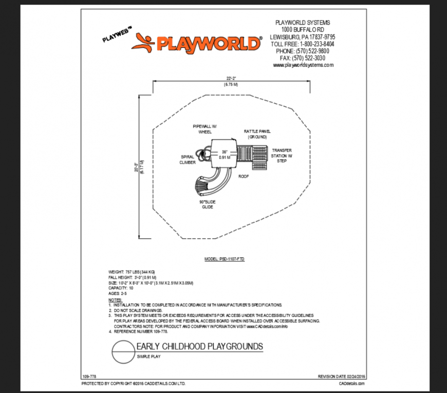 Simple play themed park play area structure system details dwg file