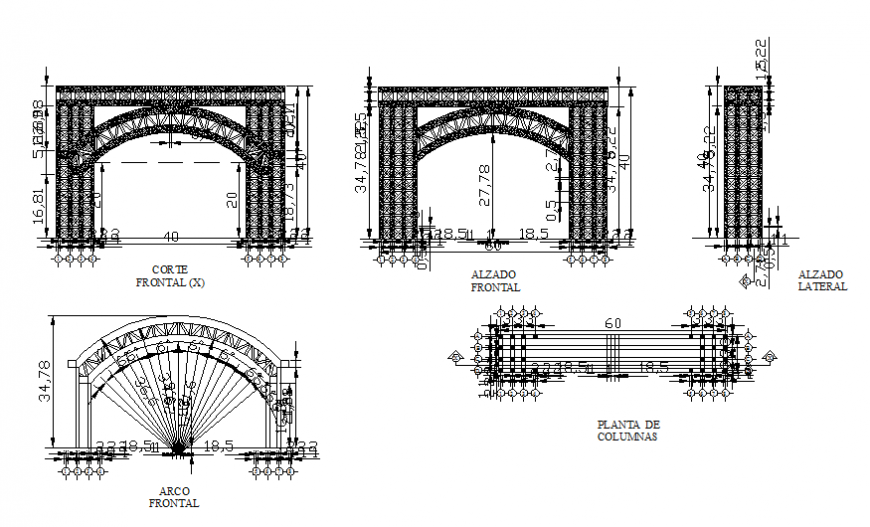 Simple span garden wooden arch-pedestrian soars elevation and section details dwg file
