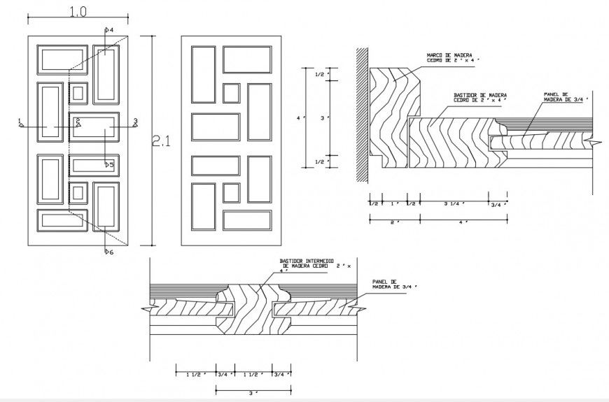 Simple wood door elevation and installation details dwg file