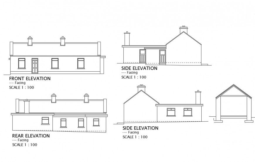 Single story house detail elevation 2d view layout file in autocad format