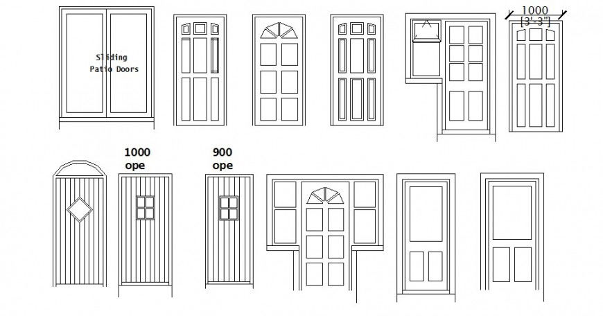 Single, double and sliding doors elevation blocks cad drawing details dwg file