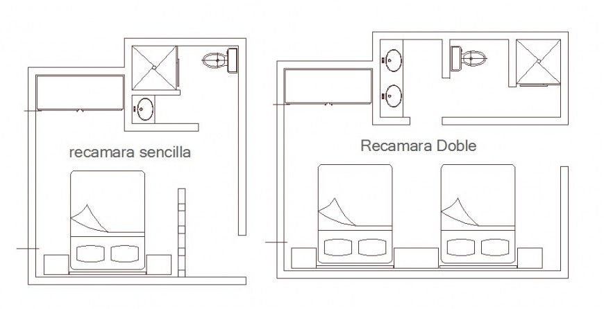 Single and double bed bedroom plans cad drawing details dwg file