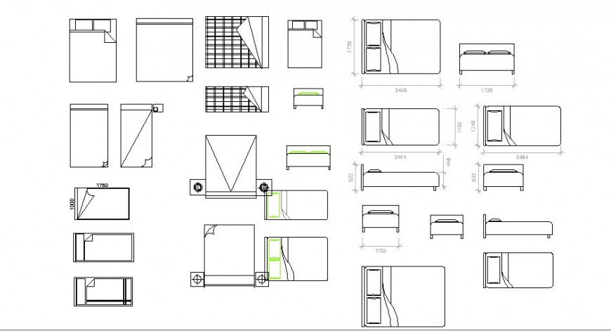 Single and double bed elevation blocks cad drawing details dwg file