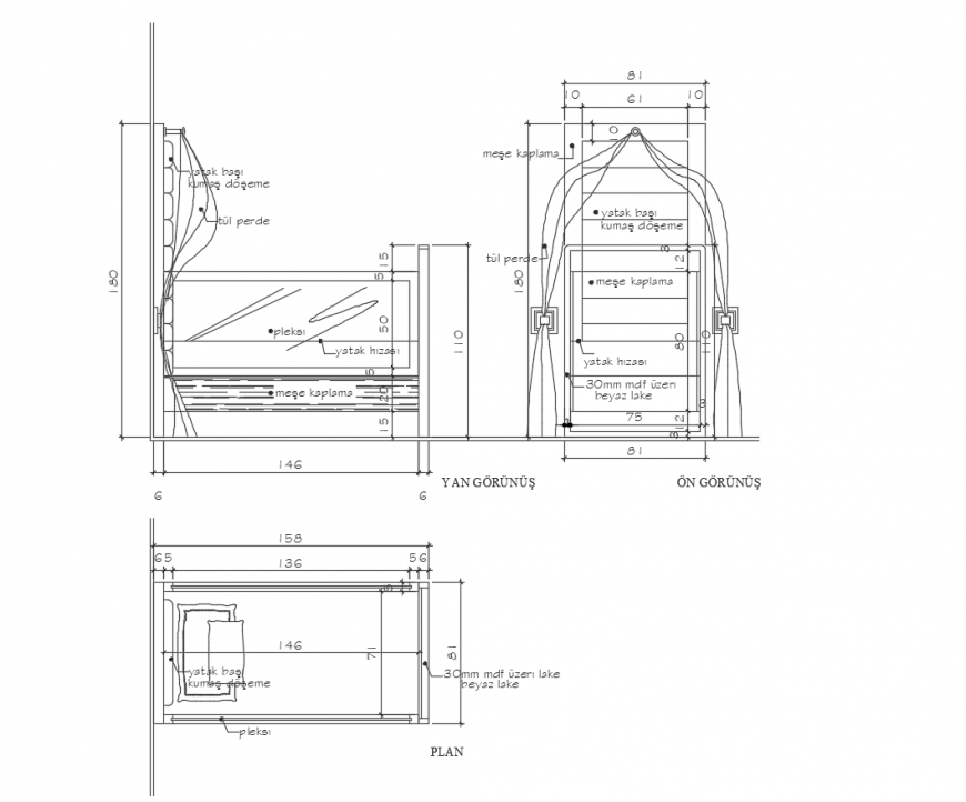 Single bed elevation, section and carpentry drawing details dwg file
