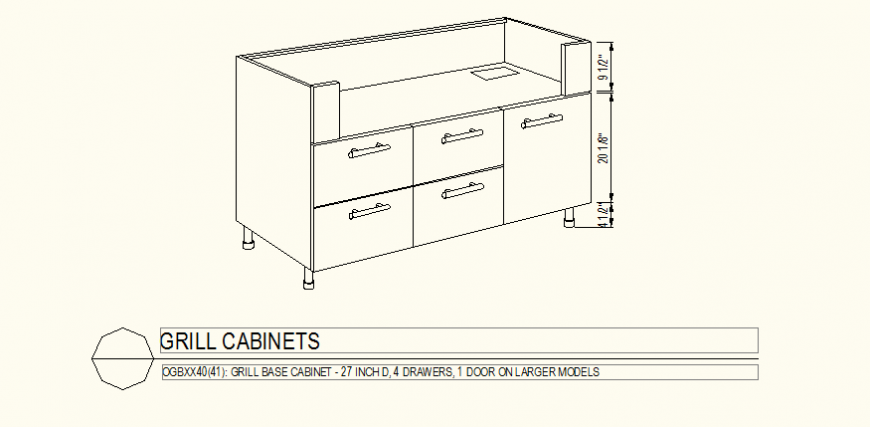 Single door four drawer large grill cabinet detail dwg file