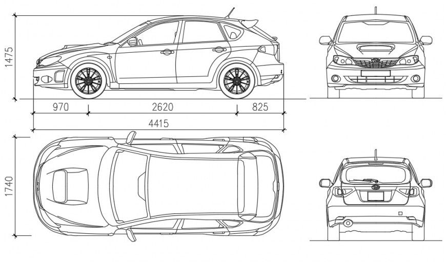 Single family car all sided elevation cad block details dwg file
