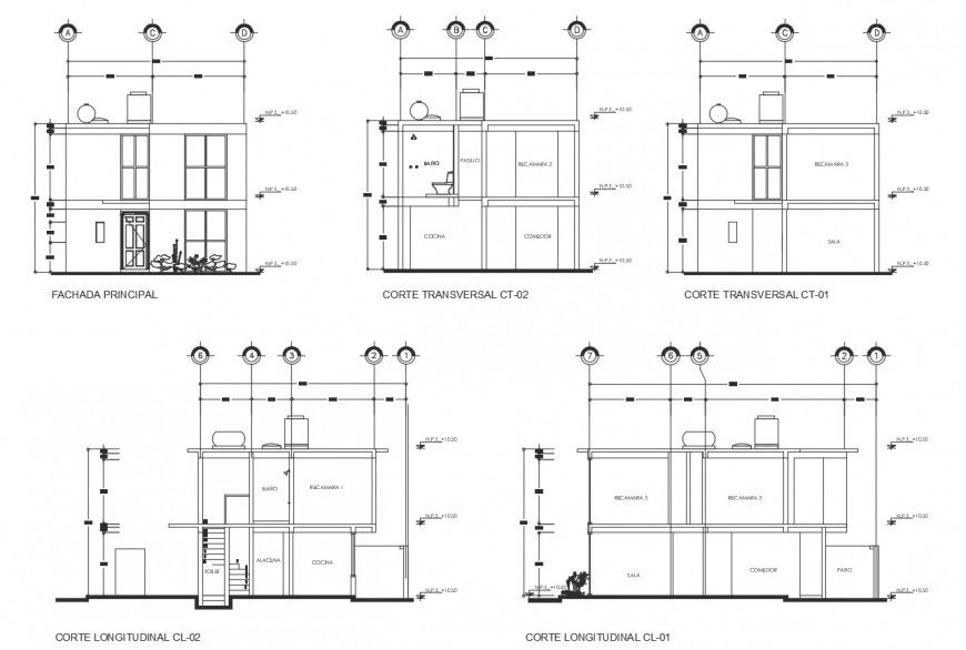Single family home all sided elevation and section drawing details dwg file