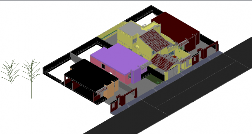 Single family house bungalow 3d top view design cad drawing details dwg file
