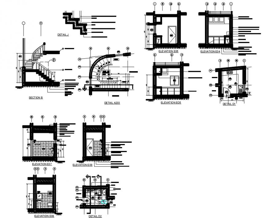 Single family house cut elevation and cut sectional details with stairways and sanitary dwg file