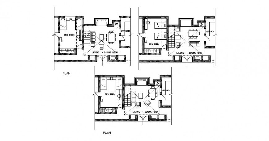Single family house departments plans with furniture cad drawing details dwg file