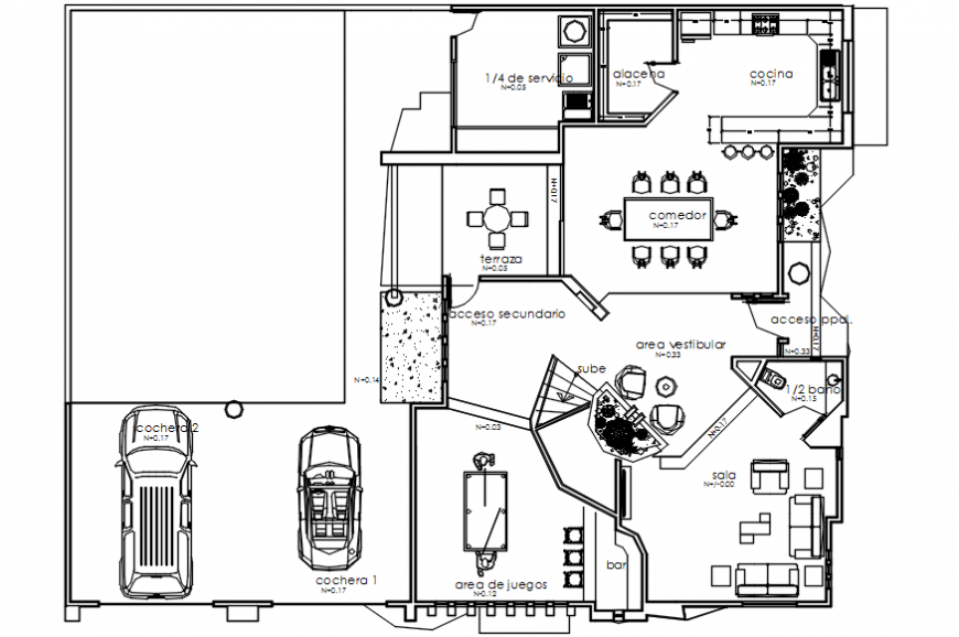 Single family house distribution plan with furniture cad drawing details dwg file
