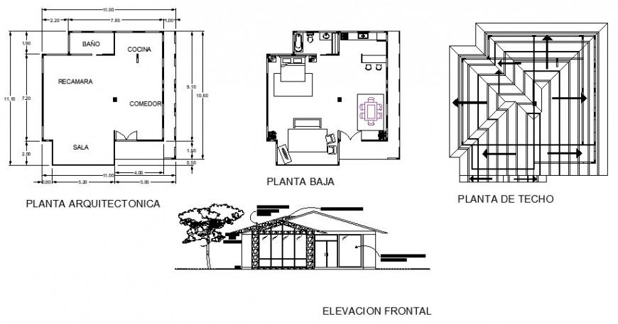 Single family house elevation, layout plan and auto-cad details dwg file