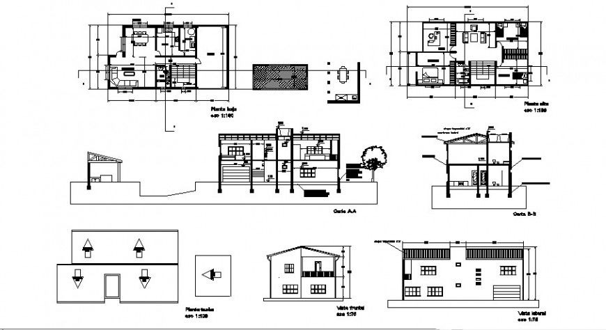 Single family house elevation, section, cover plan, floor plan and auto-cad details dwg file