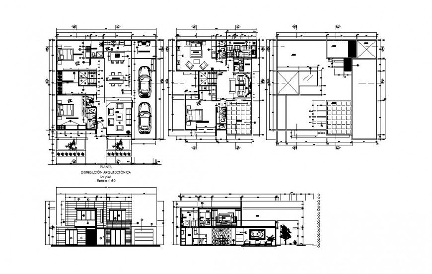 Single family house elevation, section, floor plan and cover plan cad drawing details dwg file