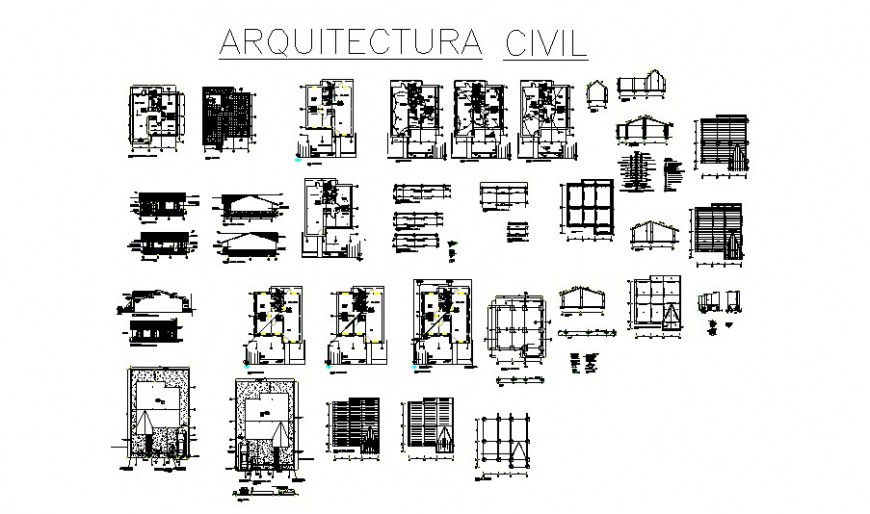 Single family house elevation, section, plan with sanitary and electrical installation cad drawing details dwg file