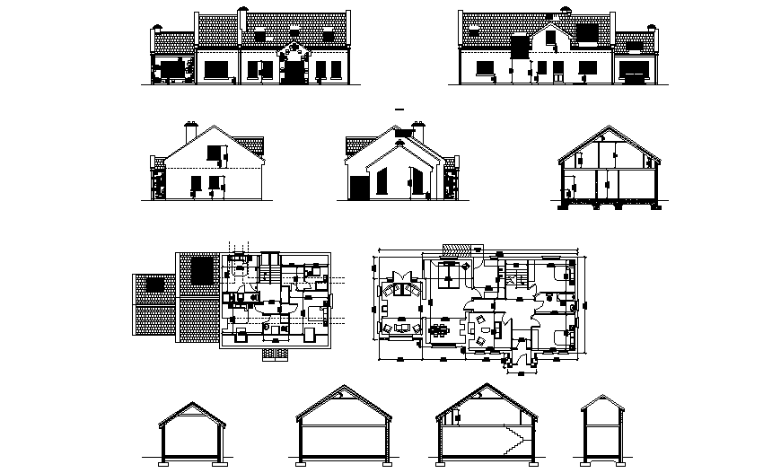 Single family house elevation, section and floor plan cad drawing details dwg file
