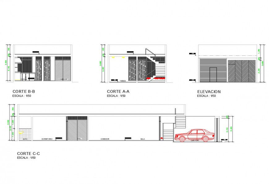 Single family house elevation and section cad drawing details dwg file