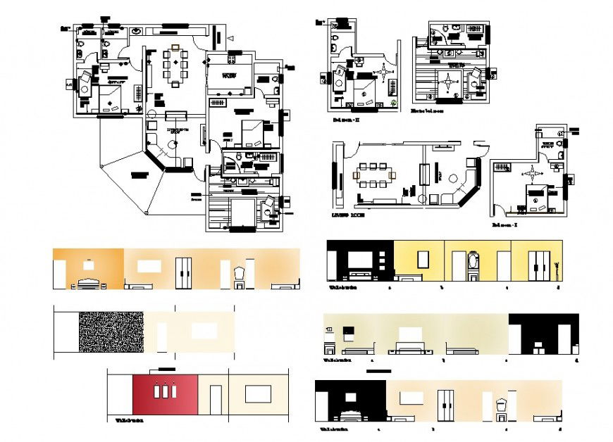 Single family house floor plan, furniture layout and interior details dwg file