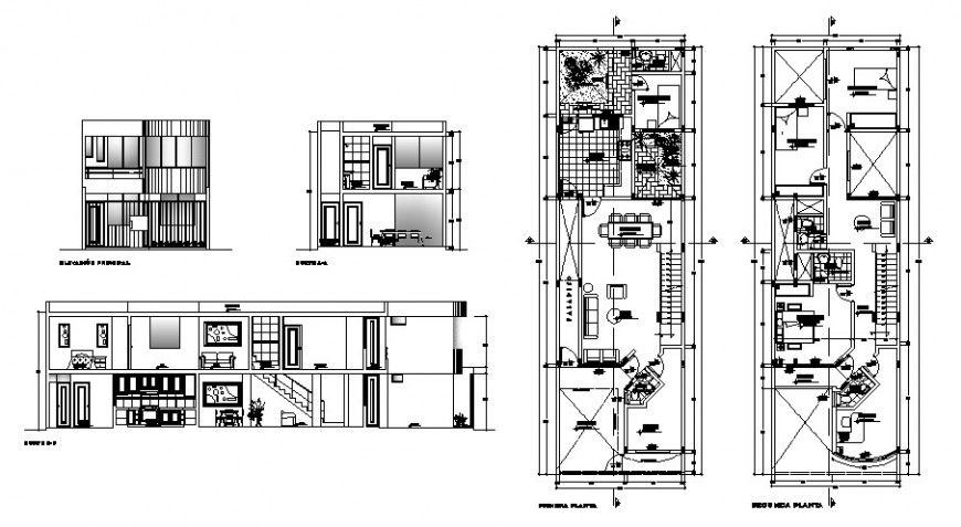Single family house front and back elevation, main section and floor plan drawing details dwg file