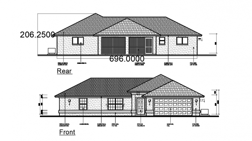 Single family house front and rear elevation drawing details dwg file