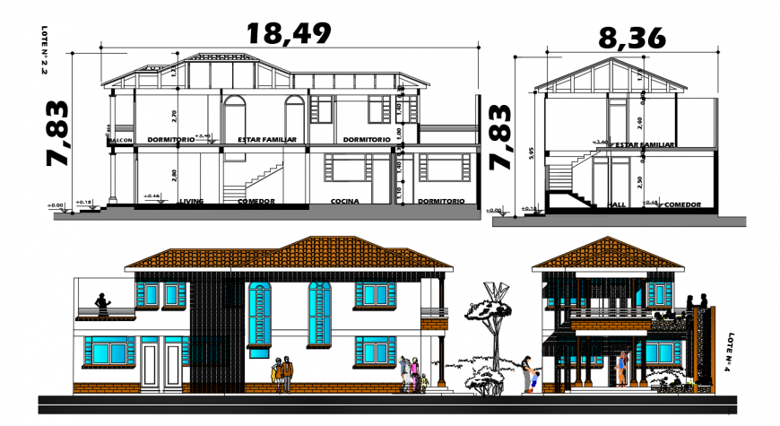 Single family house front and side elevation and section drawing details dwg file