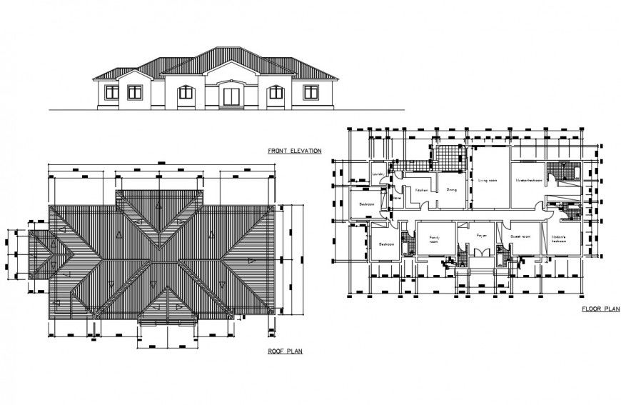 Single family house front elevation, floor plan and roof plan details dwg file