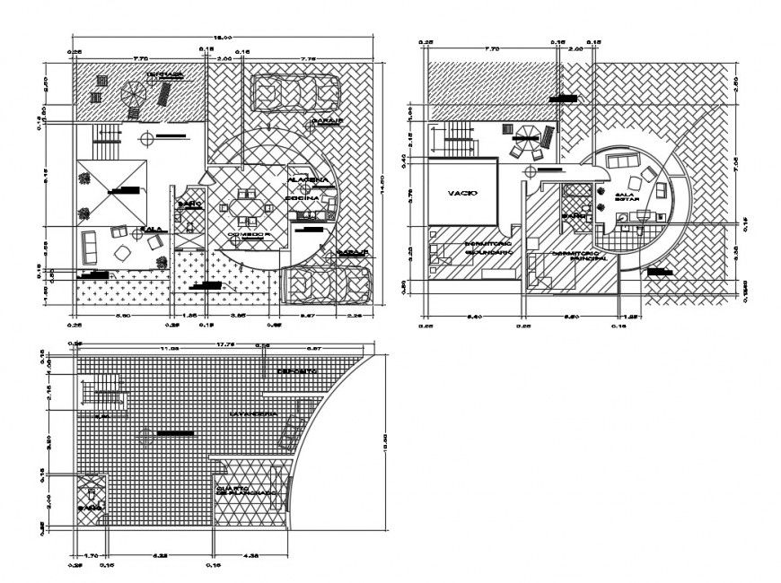Single family house ground, first and terrace floor plan cad drawing details dwg file