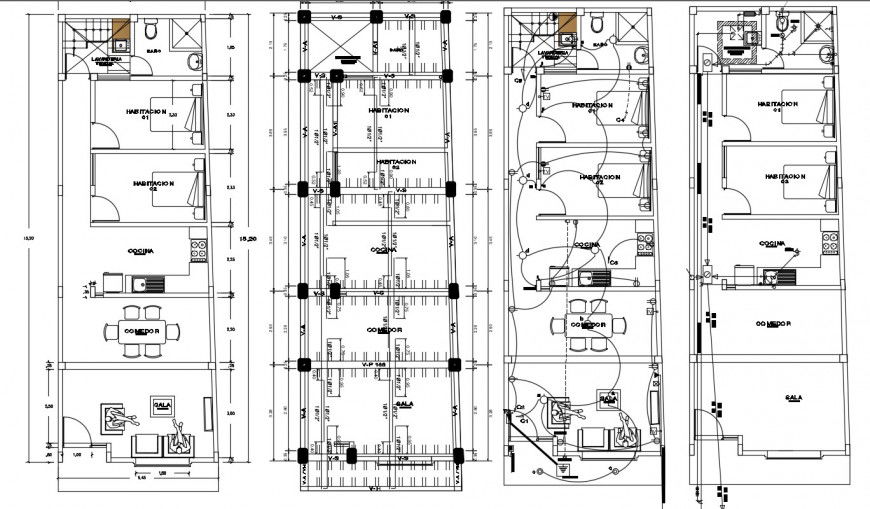 Single family house layout plan, electrical installation and structure details dwg file