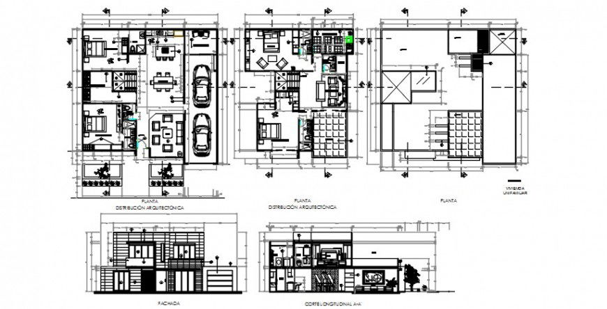 Single family house main elevation, section and floor plan distribution drawing details dwg file
