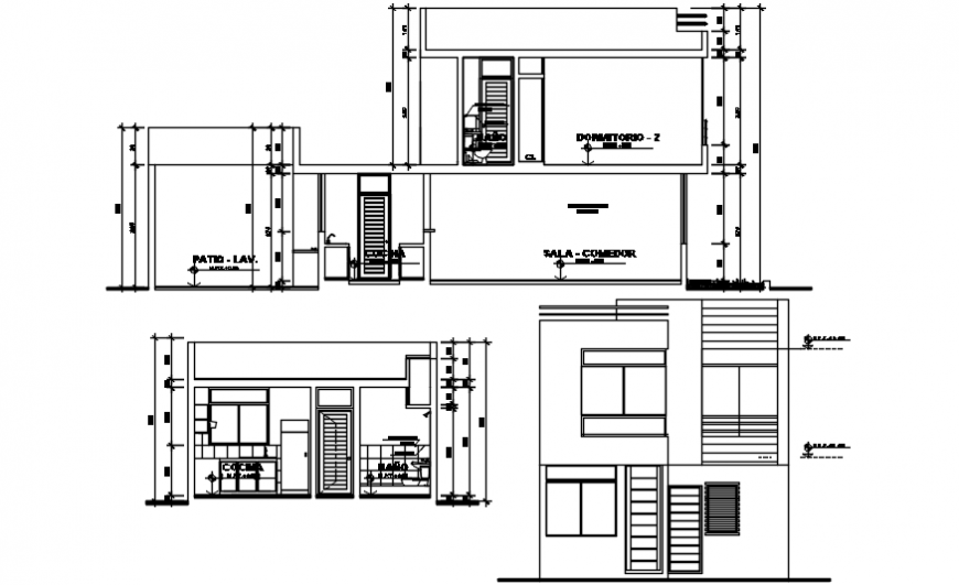 Single family house main elevation and both sided section drawing details dwg file