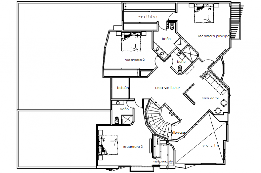 Single family house second floor plan with furniture cad drawing details dwg file