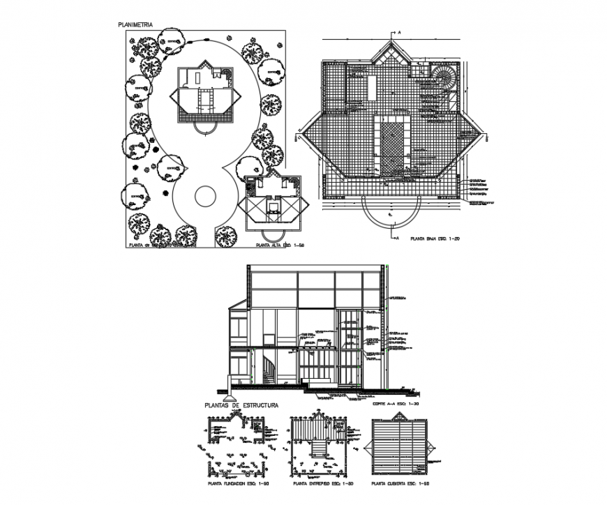 Single family house sectional, landscaping structure, foundation and constructive details dwg file