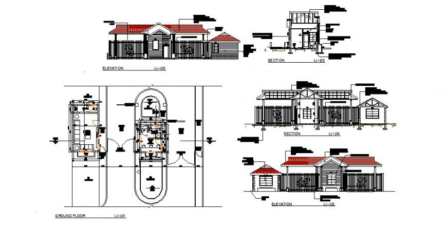 Single family house with gate and fence elevation, section and layout plan details dwg file