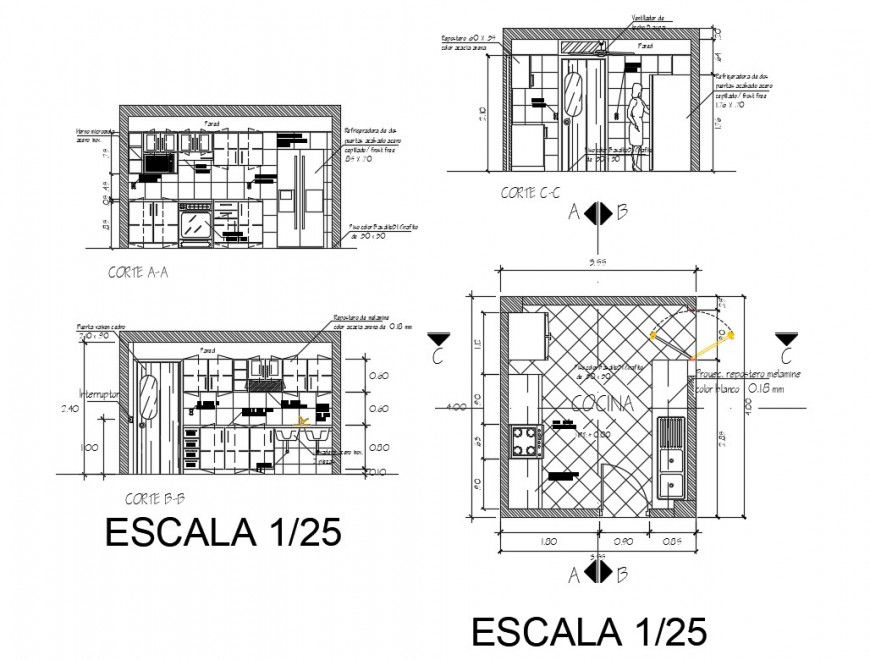 Single family kitchen section and plan cad drawing details dwg file