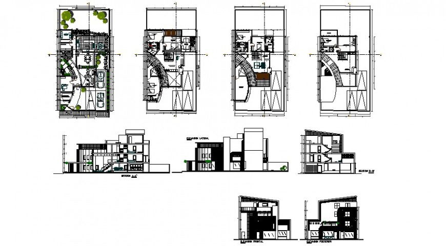 Single family luxuries bungalow elevation, section, floor plan and auto-cad details dwg file